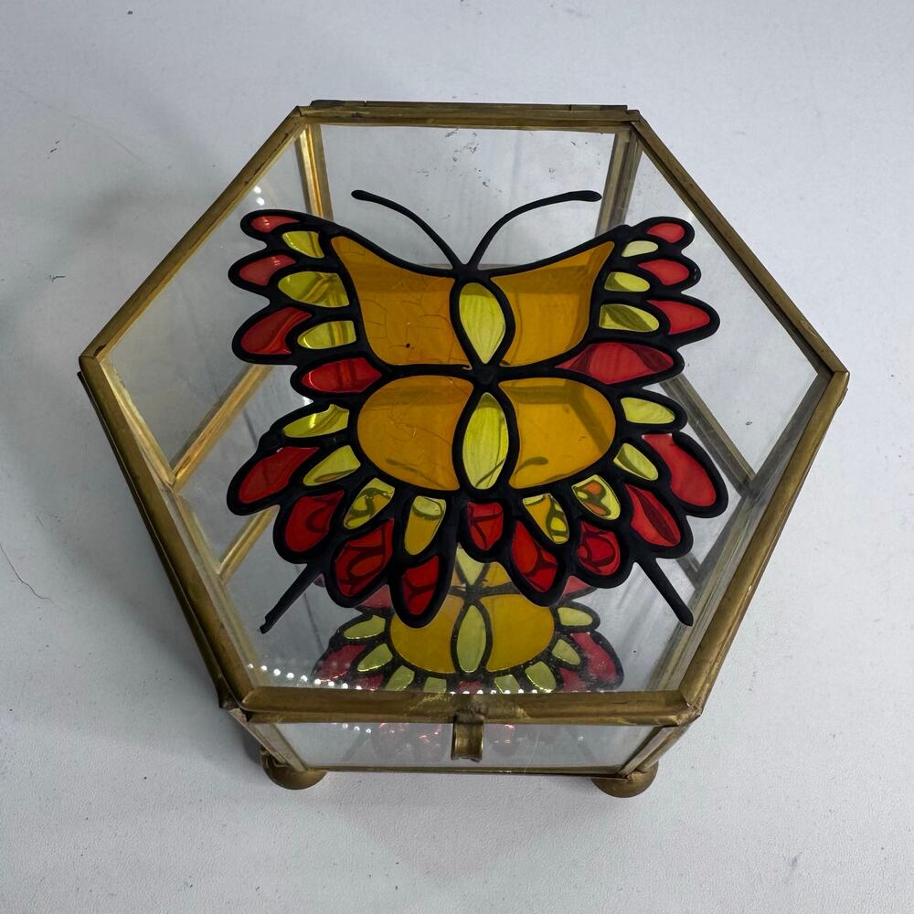 VTG Stained Painted Glass Brass Butterfly Hexagon Mirrored Hinge Lid Trinket Box